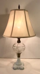 It has a EAPG Clear glass font and a white opaque glass Clambroth base. The lamp is fitted with a screw on brass...