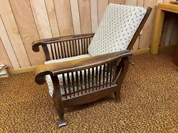 Antique Oak Morris Cushioned Recliner Chair with Matching Ottoman / Hassock. Good, pre-owned condition. Strong and...