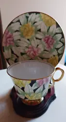 Adderley Lawley teacup and saucer with gold handle and black base and background, roses and leaves. Marked Adderley,...
