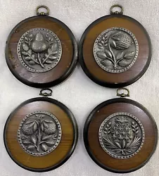 4 Vintage Wood & Pewter Metal Round Wall Plaques Acorn Strawberry Pineapple 4.25.