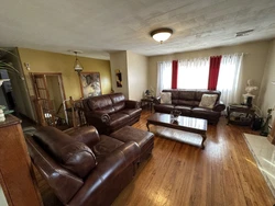 FULL LIVING ROOM SET. This full leather wooden living room set includes a lounger chair with ottoman, loveseat, large...