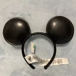 Disney Parks Mickey Mouse Ears Headband Solid Black Leather Vinyl Signature NEW.