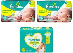 (2) Bags- Pampers Swaddlers Preemie Diapers. (1) Bag Pampers Swaddlers Newborn Diapers.