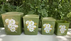 Nesting Kitchen Canister Set Avocado Green With Flowers 70s MCM Storage Set of 4. Condition is used. 4 kitchen...