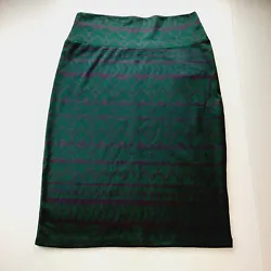 LuLaRoe Cassie pull-on stretch pencil skirt in purple/green print. Size Small. Length 24