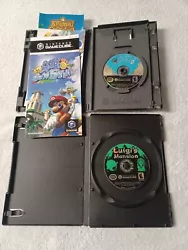 Super Mario Sunshine (GameCube, 2002) Complete In Box. Luigis Mansion disk only. Both games have scratches on the top...
