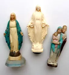 Lot of 3 as acquired with soiling, adhesive residue, paint loss and surface wear. All are plastic. The ivory Mary is...