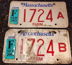 Vintage Massachusetts FARM 2002 license plates # 1724A 1724B Set Rare.  One is much nicer then the other.