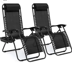 2 Adjustable Steel Mesh Zero Gravity Lounge Chair Recliners w/Pillows and Cup....
