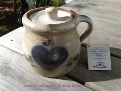 Rockdale Union Stoneware. Bean Pot/Crock. SALT GLAZED. Single Handle and Lid. Blue Heart on Front. (+ Artists Initials).