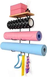 Yoga Mat Holder with Floating Shelf: This yoga mat holder wall mount equip with solid Paulownia wood shelf, perfect for...