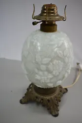 Victorian Era Milk Glass Spider Web Flowers Oil Lamp FG Co Cast Iron Base Ornate COMES WITH ELECTRIC LAMP ADAPTER