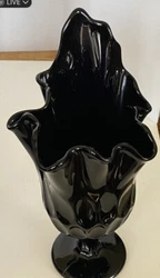 Vtg Fenton Art Glass Black Thumbprint Swung Handkerchief Pedestal Vase 8.5.