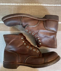 Red Wing Iron Ranger 9.5 Amber Harness boots recently cleaned and conditioned with Obenhaufs leather preservative....