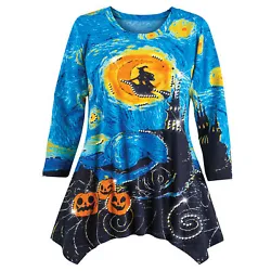 This festive knit tunic features a flying witch, haunted house and pumpkins atop a moonlit style background. It has a...