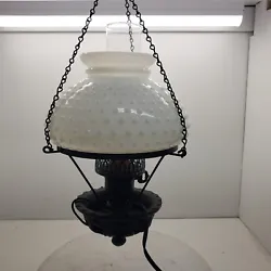 Vintage Black Metal And Hobnail Milk Glass Hanging Electric Lamp. This is in nice pre-owned condition. The shade has...