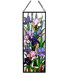 This hand crafted Tiffany-style, iris floral design widow panel with a dark bronze finish will brighten up any room....