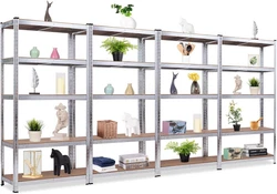 4 Pieces Shelving Rack Storage Shelf Steel Garage Utility Rack 5-Shelf Adjustable Shelves Heavy Duty Display Stand for...
