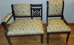 Victorian Antique Eastlake Sette Love Seat/Bustle Bench & Chair Set Carved Wood..