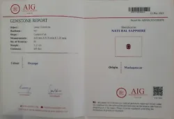 AIG Certified 1.27 Ct Natural Orange Sapphire Heated Cushion Cut Loose Gemstone