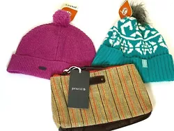Pistil Set - 2 hats and zip pouch! Pink Knit Yum Knit Hat. Ava Turquoise pattern Hat. 10x6