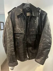 Beautiful black leather jacket worn by a motorcycle cop in the 60’s. The eyelets on the left side were designed to...