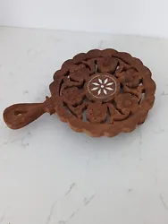 Vtg India handmade craftsmanship Trivet hot plate with stand and handle Shell inlay Quality carving of nature theme,...