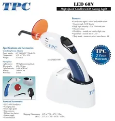 LED 60N Cordless LED Curing Light. Cordless and corded. Low Battery Signal - visual and audible alarm. Sleep mode...