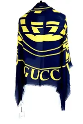 Square with GG Logo and Spellout Logo in Navy Blue & Yellow. GUCCI Blue & Yellow Logo Scarf. Width Size: 55 in (140...