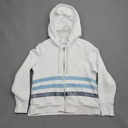 Color: White w/ Blue Stripes. Full zip up with hood. 100% Cotton. Very Good, no visible marks, Light wear. Size: Large....