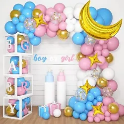 Then stick the letters on the transparent box with 100 points of glue, and put pink and blue balloons of different...