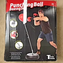 Punching ball boxing set. Complete with gloves, punching ball, inflation pump & stand. Tech Tools. Opened shelf worn...