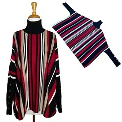 Joseph A Turtleneck Size L Striped Long Sleeve Sweater Poncho Striped Black Red