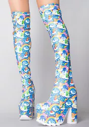 Turn up the music and fill the room with love while wearing the Care Bears Labyrinth Platform Thigh High Boots in Blue...
