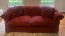 Sherrill Red Chenille Sofa. This sofa has red damask chenille fabric in excellent condition. Has two seat cushions and...