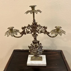 Antique/Vintage 3 Candle ornate Brass Candelabra Marble Base. Approx 17 1/2” x. 17 1/2”. Base is 4” x 6”The...